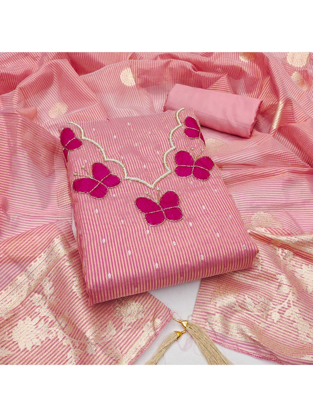 Premium Pink Striped Weaving Silk Blend Dress Material Enhanced with Beads & Moti Hand Work