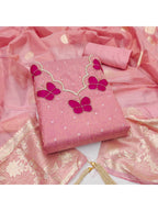 Premium Pink Striped Weaving Silk Blend Dress Material Enhanced with Beads & Moti Hand Work