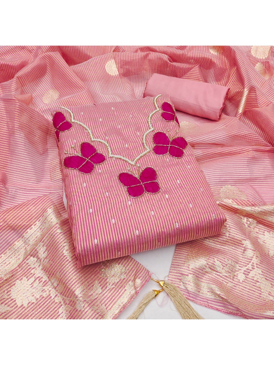 Premium Pink Striped Weaving Silk Blend Dress Material Enhanced with Beads & Moti Hand Work