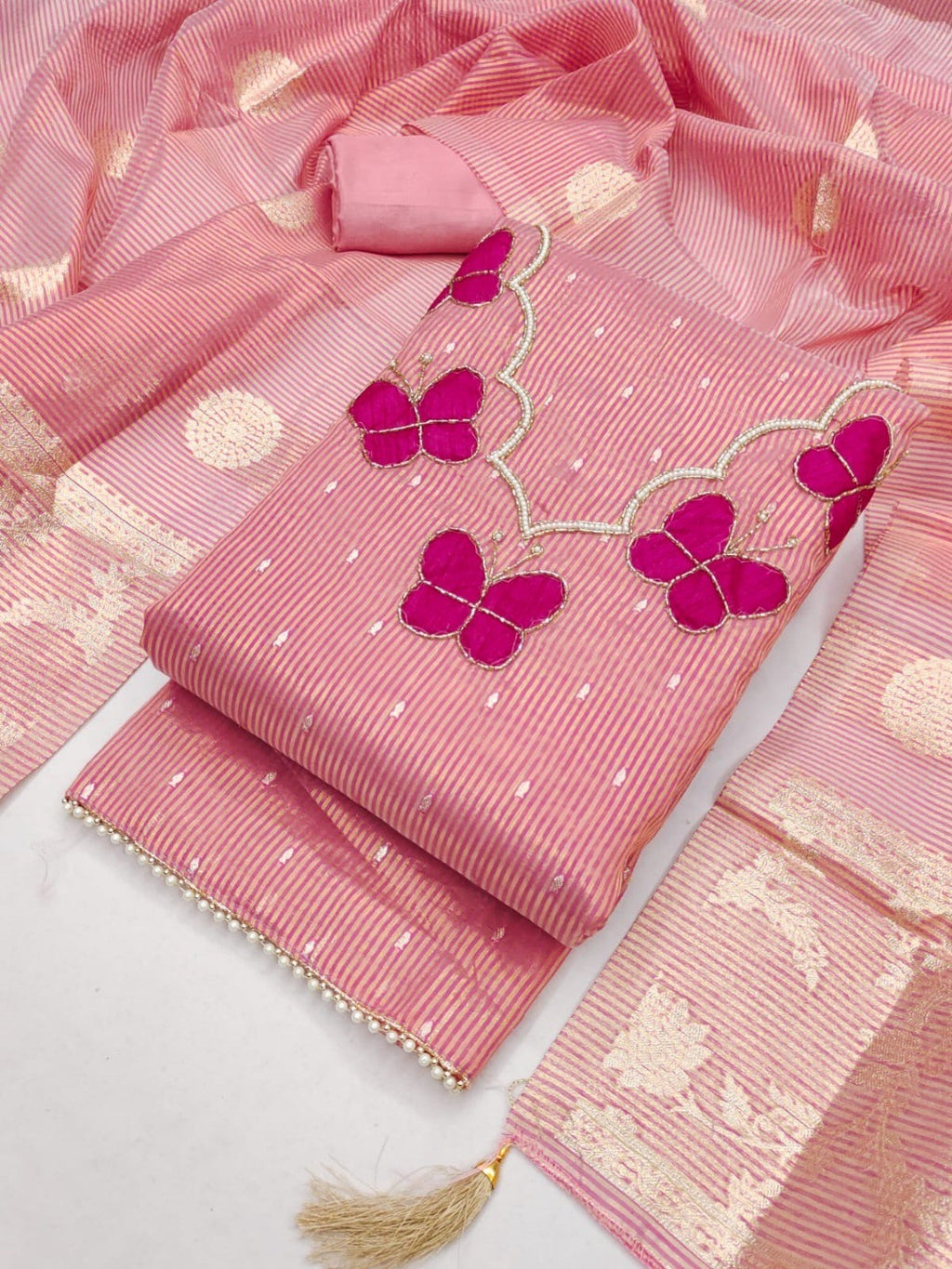 Premium Pink Striped Weaving Silk Blend Dress Material Enhanced with Beads & Moti Hand Work