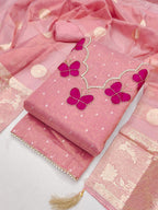 Premium Pink Striped Weaving Silk Blend Dress Material Enhanced with Beads & Moti Hand Work