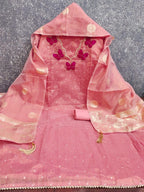 Premium Pink Striped Weaving Silk Blend Dress Material Enhanced with Beads & Moti Hand Work