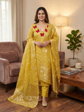 Premium Yellow Striped Weaving Silk Blend Dress Material Enhanced with Beads & Moti Hand Work