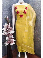 Premium Yellow Striped Weaving Silk Blend Dress Material Enhanced with Beads & Moti Hand Work