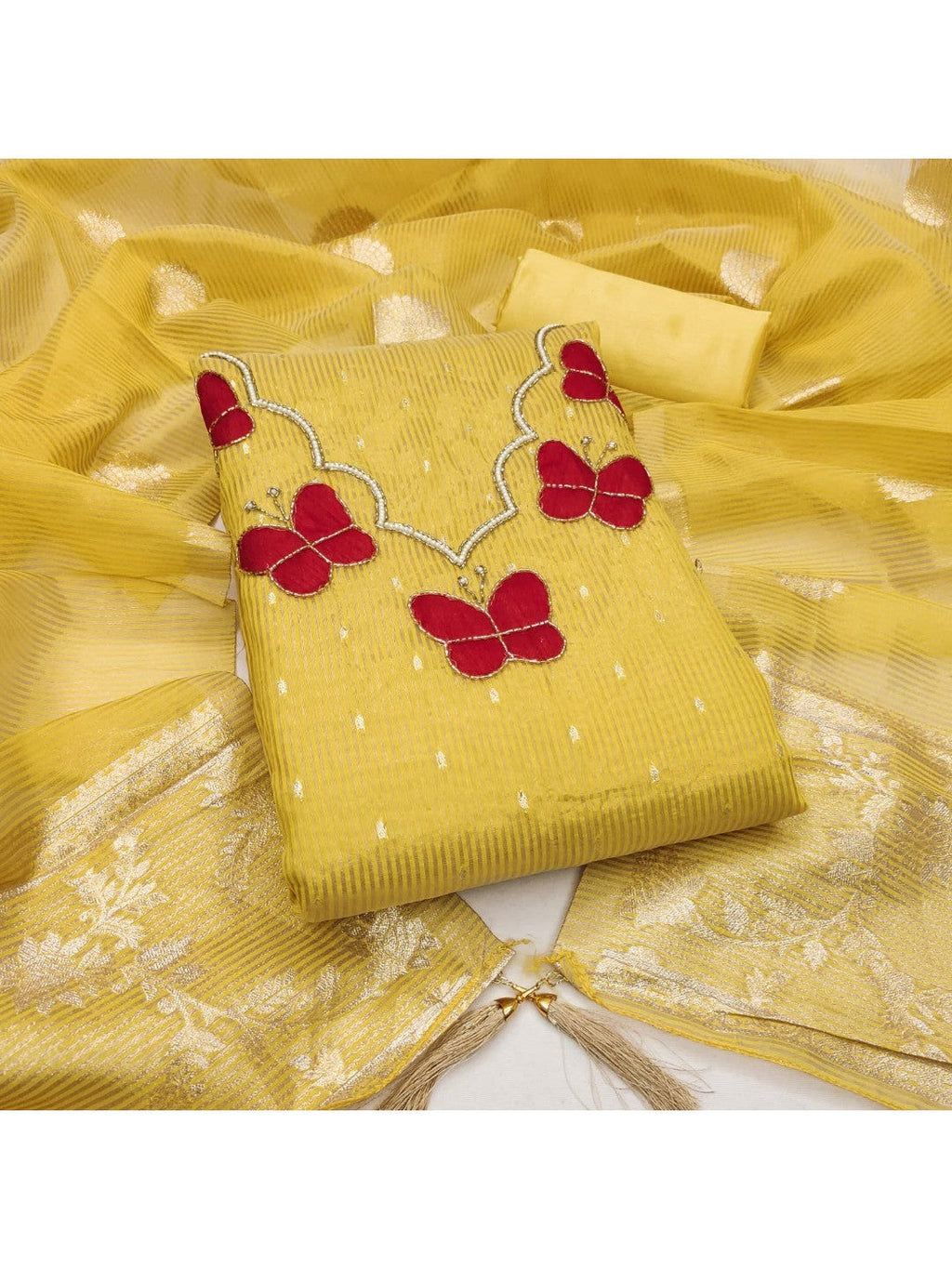 Premium Yellow Striped Weaving Silk Blend Dress Material Enhanced with Beads & Moti Hand Work