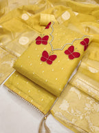 Premium Yellow Striped Weaving Silk Blend Dress Material Enhanced with Beads & Moti Hand Work