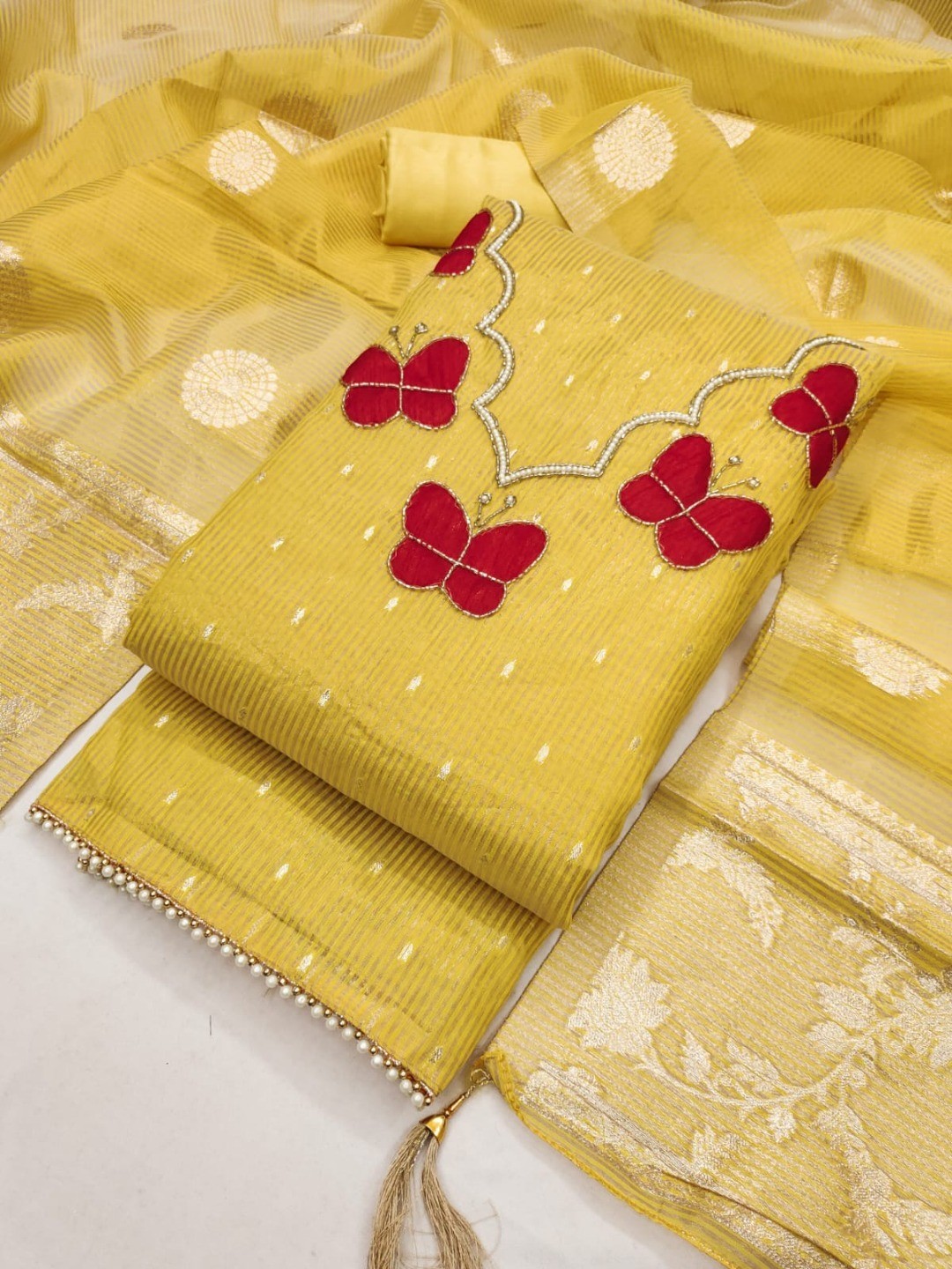 Premium Yellow Striped Weaving Silk Blend Dress Material Enhanced with Beads & Moti Hand Work