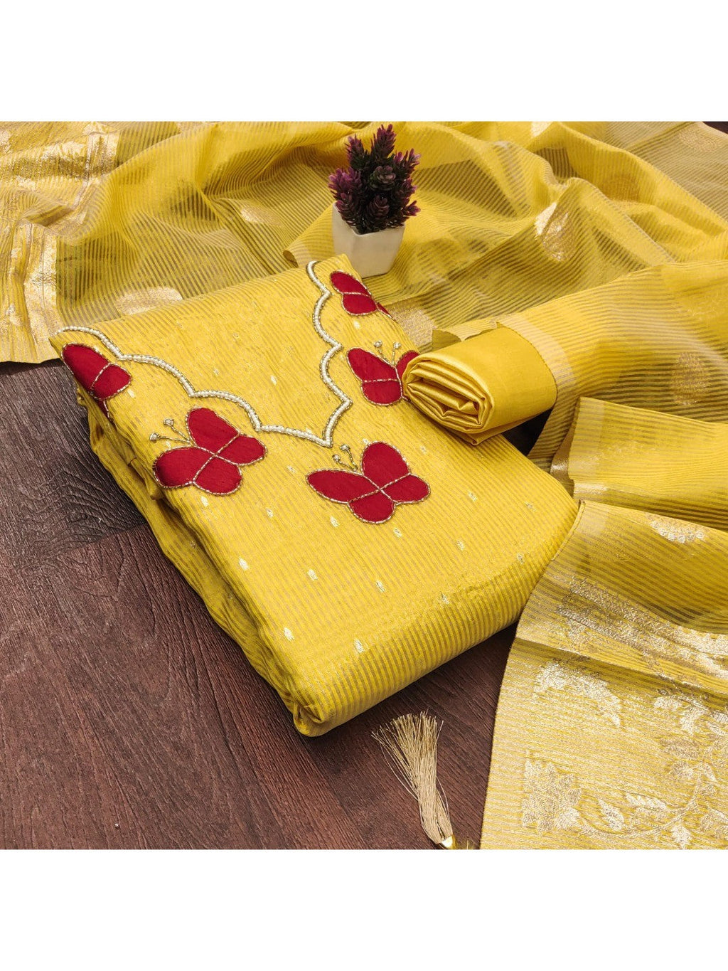 Premium Yellow Striped Weaving Silk Blend Dress Material Enhanced with Beads & Moti Hand Work