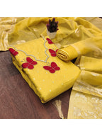 Premium Yellow Striped Weaving Silk Blend Dress Material Enhanced with Beads & Moti Hand Work
