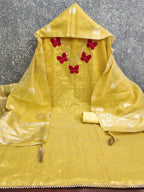 Premium Yellow Striped Weaving Silk Blend Dress Material Enhanced with Beads & Moti Hand Work