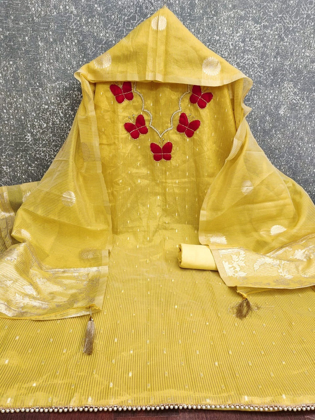 Premium Yellow Striped Weaving Silk Blend Dress Material Enhanced with Beads & Moti Hand Work