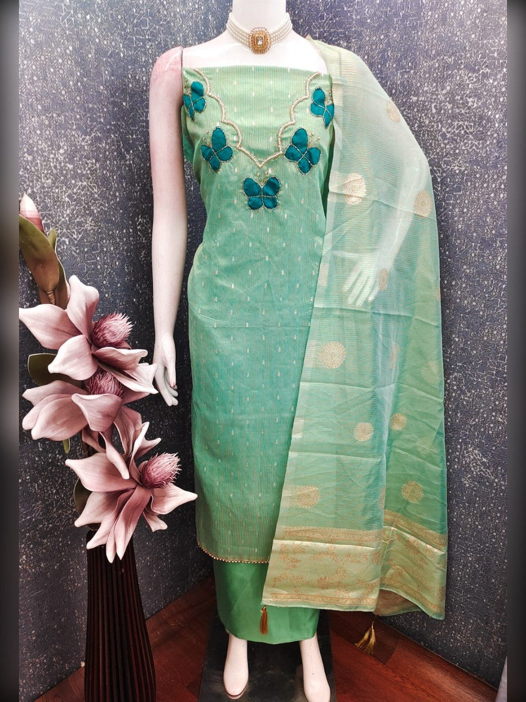 Premium Sea Green Striped Weaving Silk Blend Dress Material Enhanced with Beads & Moti Hand Work