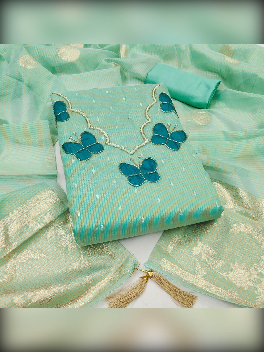 Premium Sea Green Striped Weaving Silk Blend Dress Material Enhanced with Beads & Moti Hand Work