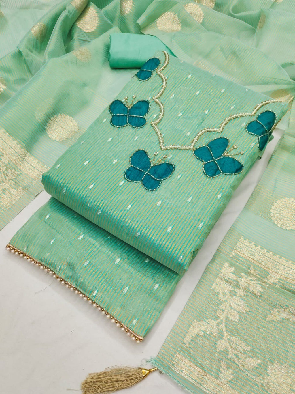 Premium Sea Green Striped Weaving Silk Blend Dress Material Enhanced with Beads & Moti Hand Work