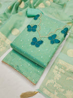 Premium Sea Green Striped Weaving Silk Blend Dress Material Enhanced with Beads & Moti Hand Work