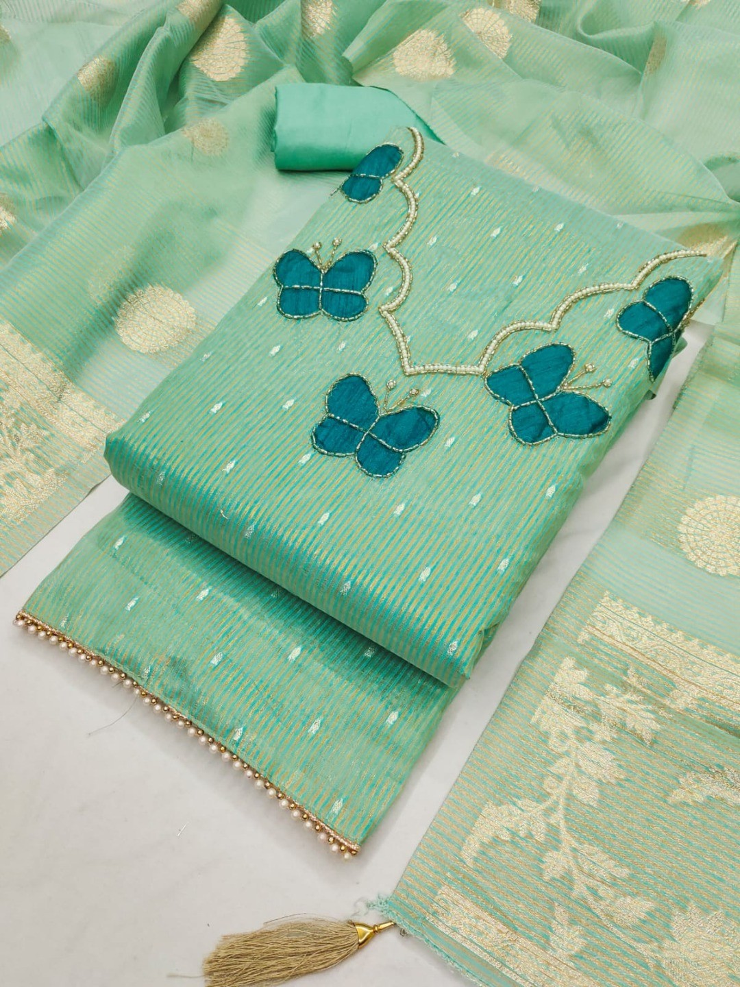 Premium Sea Green Striped Weaving Silk Blend Dress Material Enhanced with Beads & Moti Hand Work