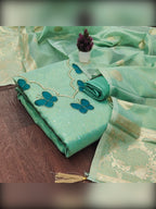 Premium Sea Green Striped Weaving Silk Blend Dress Material Enhanced with Beads & Moti Hand Work