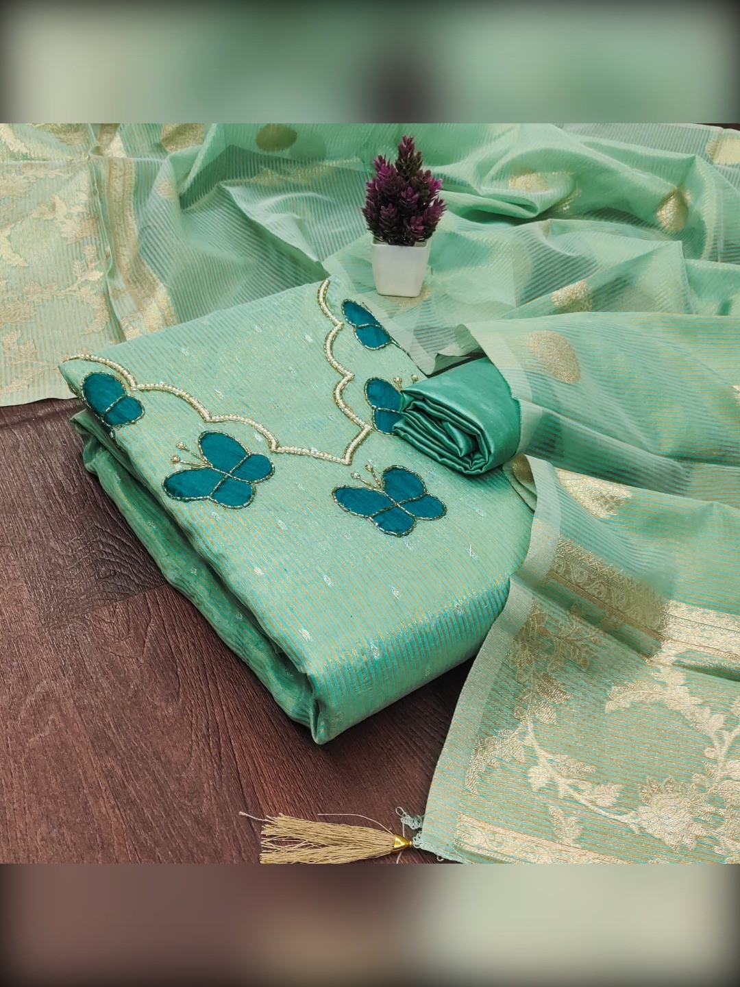 Premium Sea Green Striped Weaving Silk Blend Dress Material Enhanced with Beads & Moti Hand Work