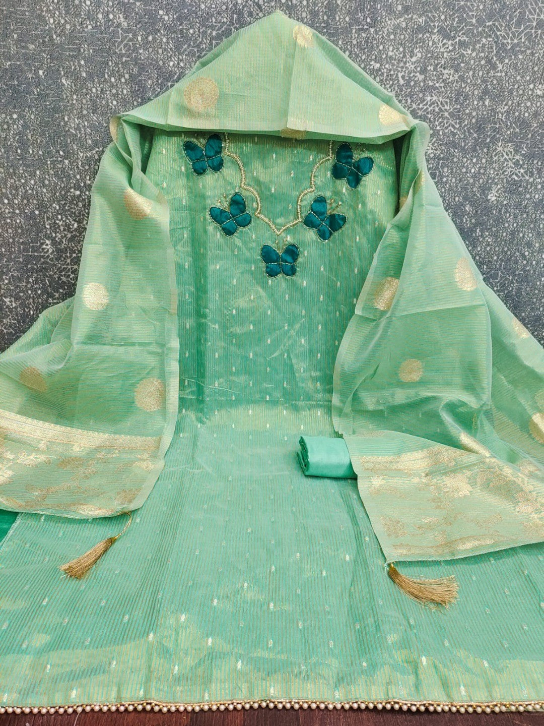 Premium Sea Green Striped Weaving Silk Blend Dress Material Enhanced with Beads & Moti Hand Work