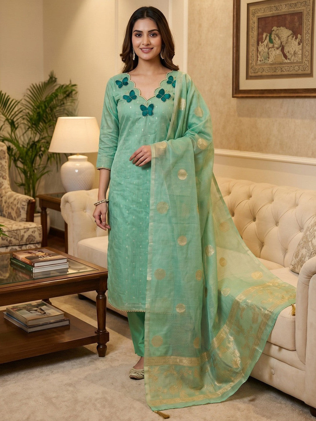 Premium Sea Green Striped Weaving Silk Blend Dress Material Enhanced with Beads & Moti Hand Work