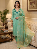 Premium Sea Green Striped Weaving Silk Blend Dress Material Enhanced with Beads & Moti Hand Work
