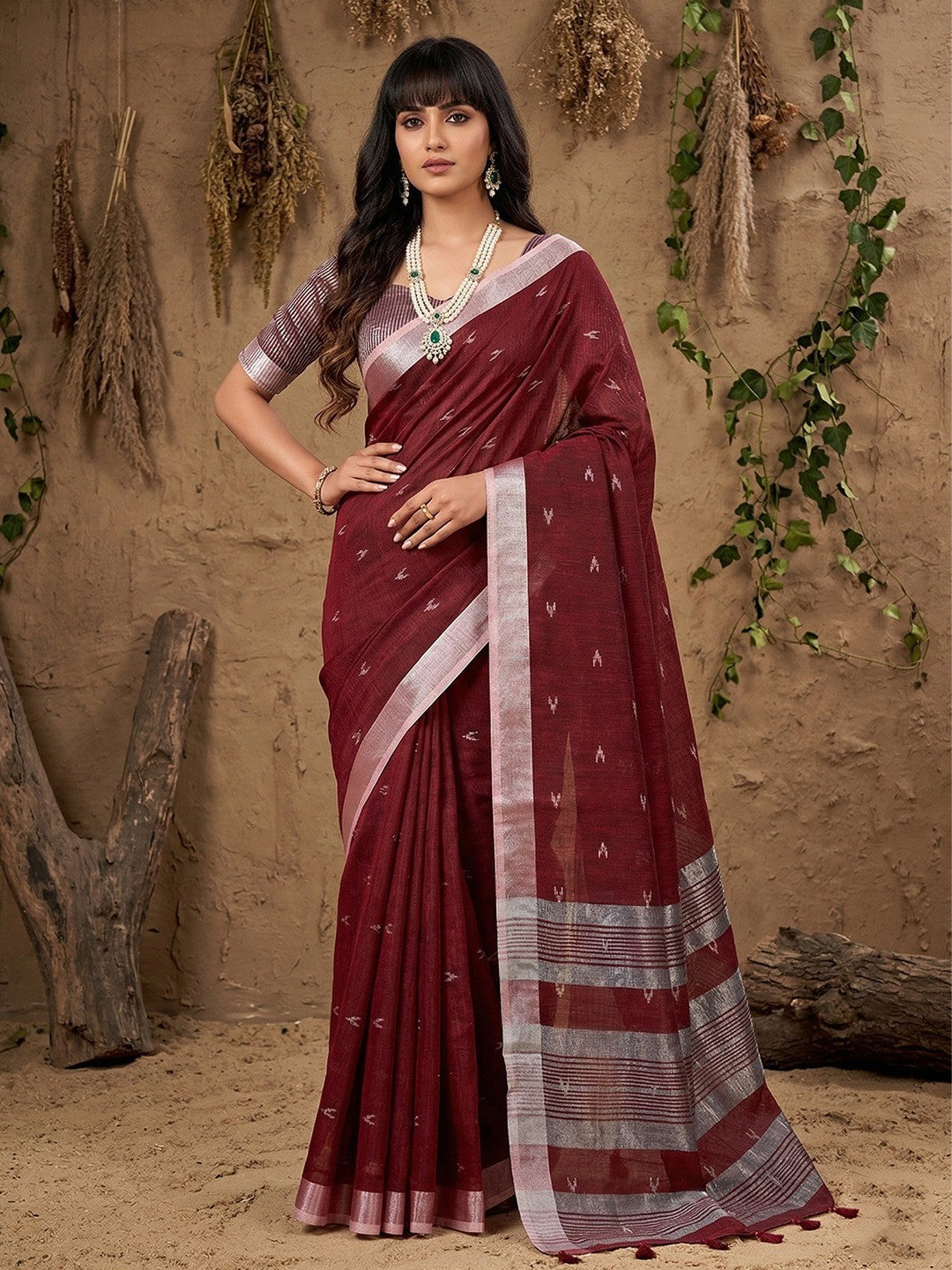 Maroon Linen Saree with Silver Border Lightweight Festive Ethnic Wear