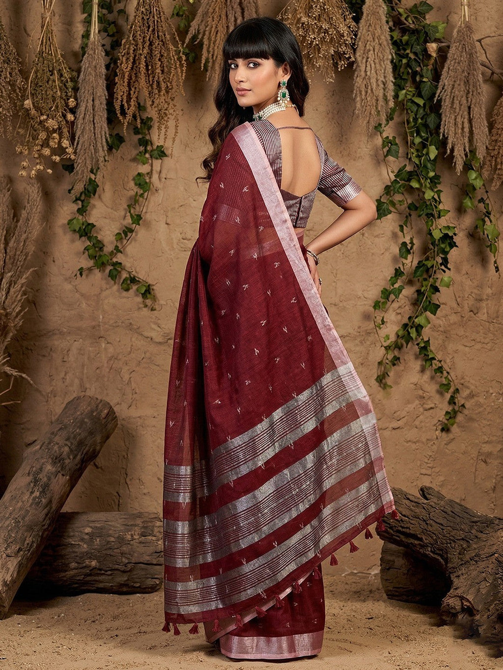 Maroon Linen Saree with Silver Border Lightweight Festive Ethnic Wear