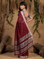 Maroon Linen Saree with Silver Border Lightweight Festive Ethnic Wear