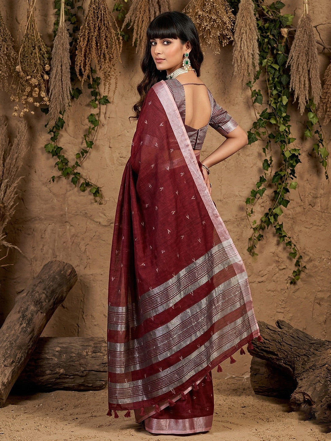 Maroon Linen Saree with Silver Border Lightweight Festive Ethnic Wear