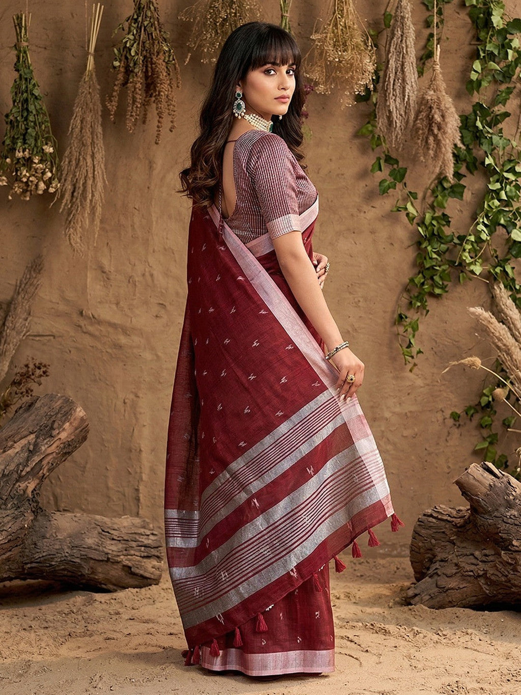 Maroon Linen Saree with Silver Border Lightweight Festive Ethnic Wear