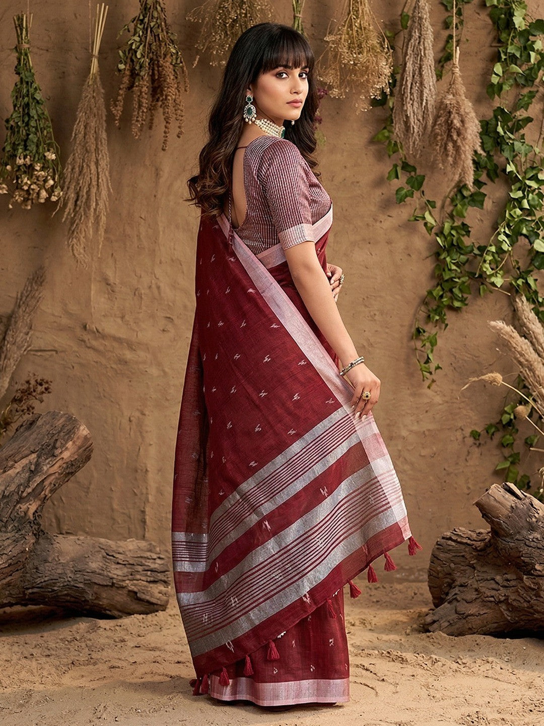 Maroon Linen Saree with Silver Border Lightweight Festive Ethnic Wear