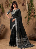 Elegant Black Linen Saree with Silver Border Lightweight Festive Ethnic Wear