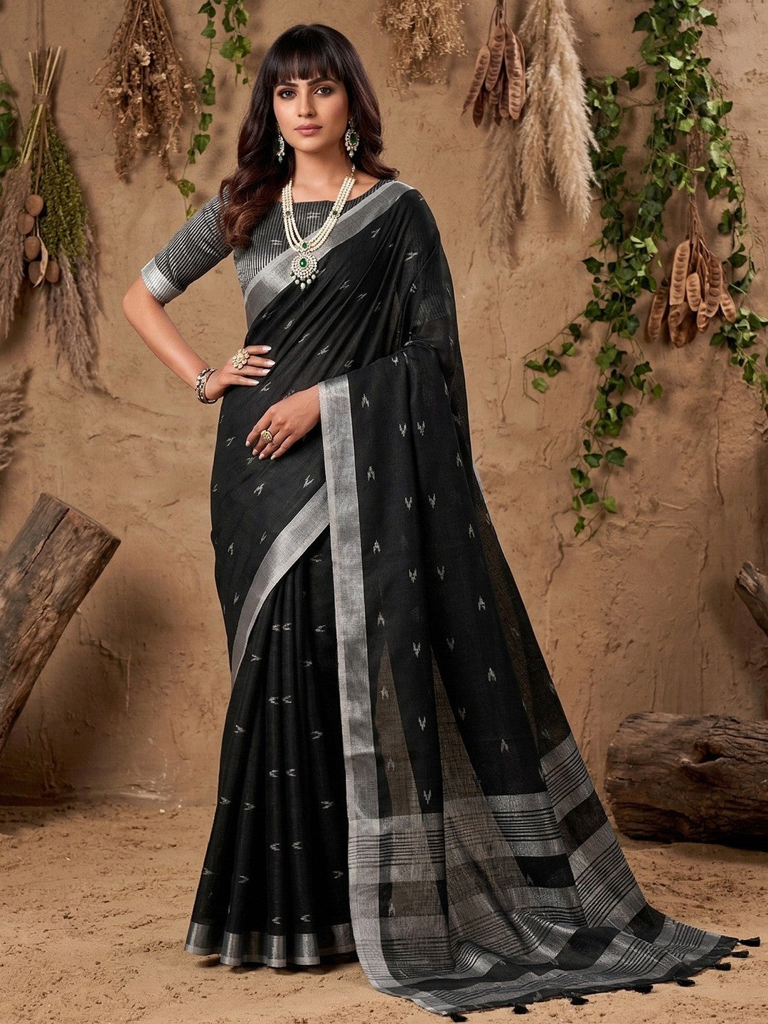 Elegant Black Linen Saree with Silver Border Lightweight Festive Ethnic Wear