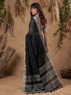 Elegant Black Linen Saree with Silver Border Lightweight Festive Ethnic Wear