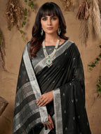 Elegant Black Linen Saree with Silver Border Lightweight Festive Ethnic Wear