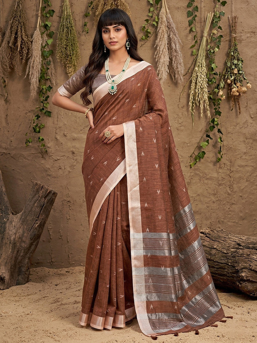 Elegant Brown Linen Saree with Silver Border Lightweight Festive Ethnic Wear