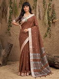 Elegant Brown Linen Saree with Silver Border Lightweight Festive Ethnic Wear