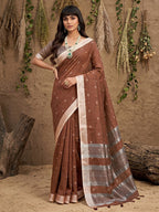 Elegant Brown Linen Saree with Silver Border Lightweight Festive Ethnic Wear