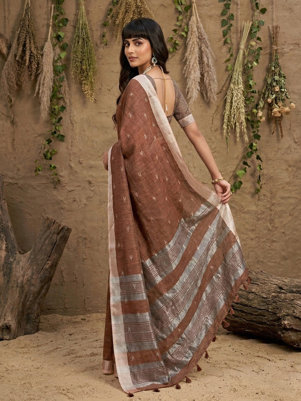 Elegant Brown Linen Saree with Silver Border Lightweight Festive Ethnic Wear