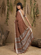 Elegant Brown Linen Saree with Silver Border Lightweight Festive Ethnic Wear