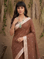 Elegant Brown Linen Saree with Silver Border Lightweight Festive Ethnic Wear