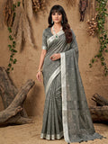 Grey Linen Saree with Silver Border Lightweight Festive Ethnic Wear