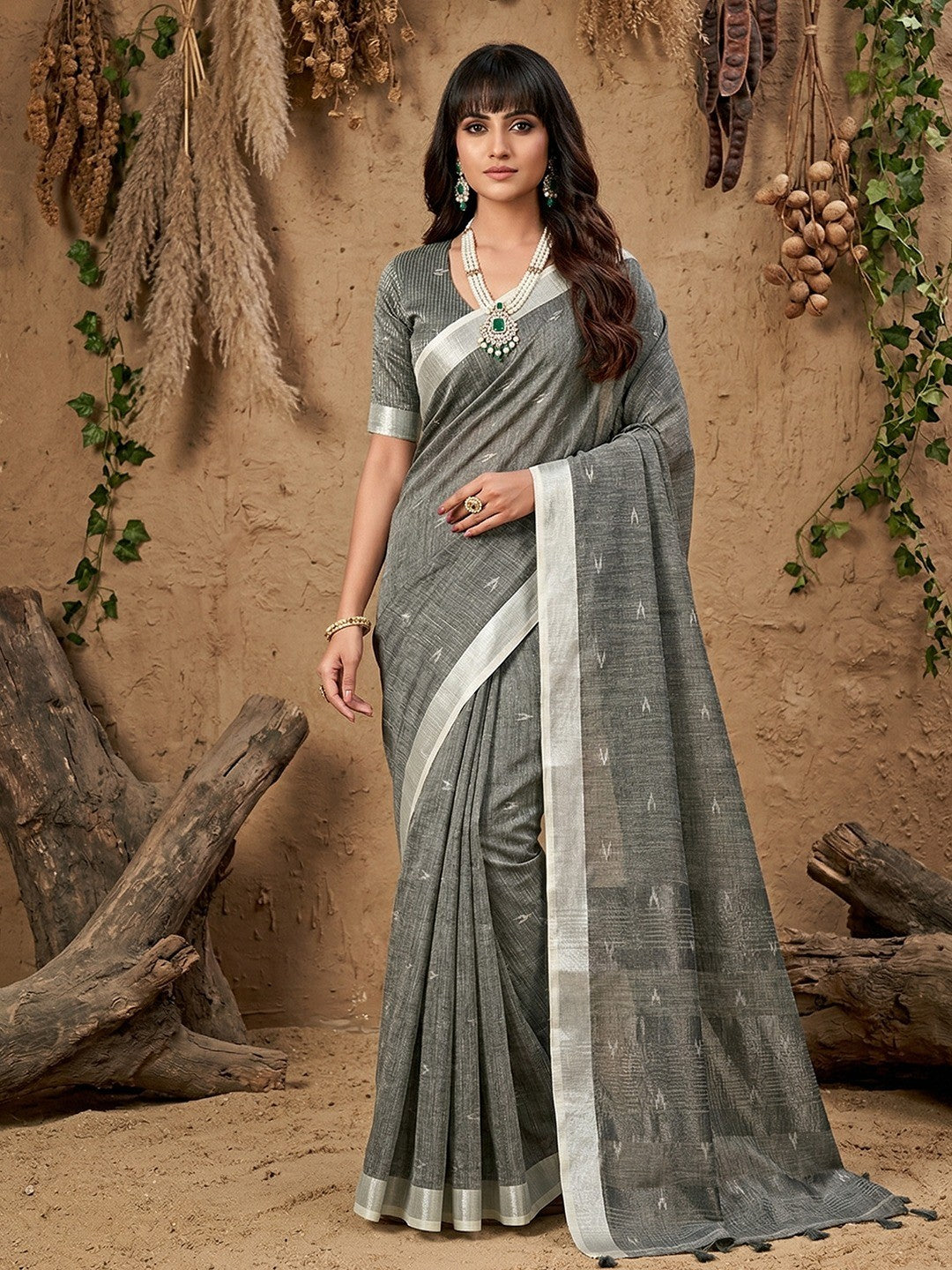 Grey Linen Saree with Silver Border Lightweight Festive Ethnic Wear