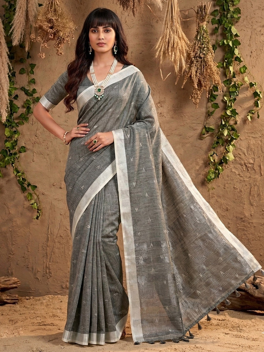 Grey Linen Saree with Silver Border Lightweight Festive Ethnic Wear