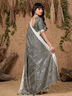 Grey Linen Saree with Silver Border Lightweight Festive Ethnic Wear