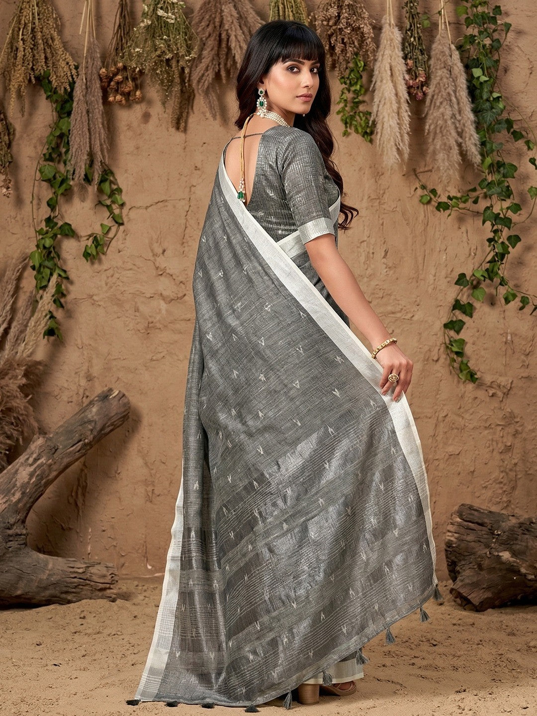 Grey Linen Saree with Silver Border Lightweight Festive Ethnic Wear