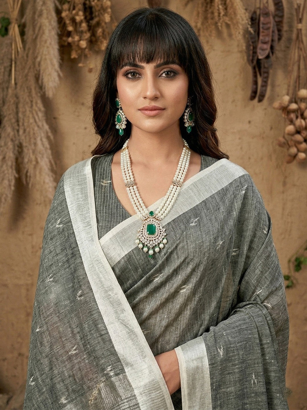 Grey Linen Saree with Silver Border Lightweight Festive Ethnic Wear