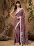 Elegant Purple Linen Saree with Silver Border Lightweight Festive Ethnic Wear
