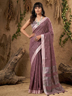 Elegant Purple Linen Saree with Silver Border Lightweight Festive Ethnic Wear