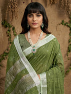 Elegant Green Linen Saree with Silver Border Lightweight Festive Ethnic Wear